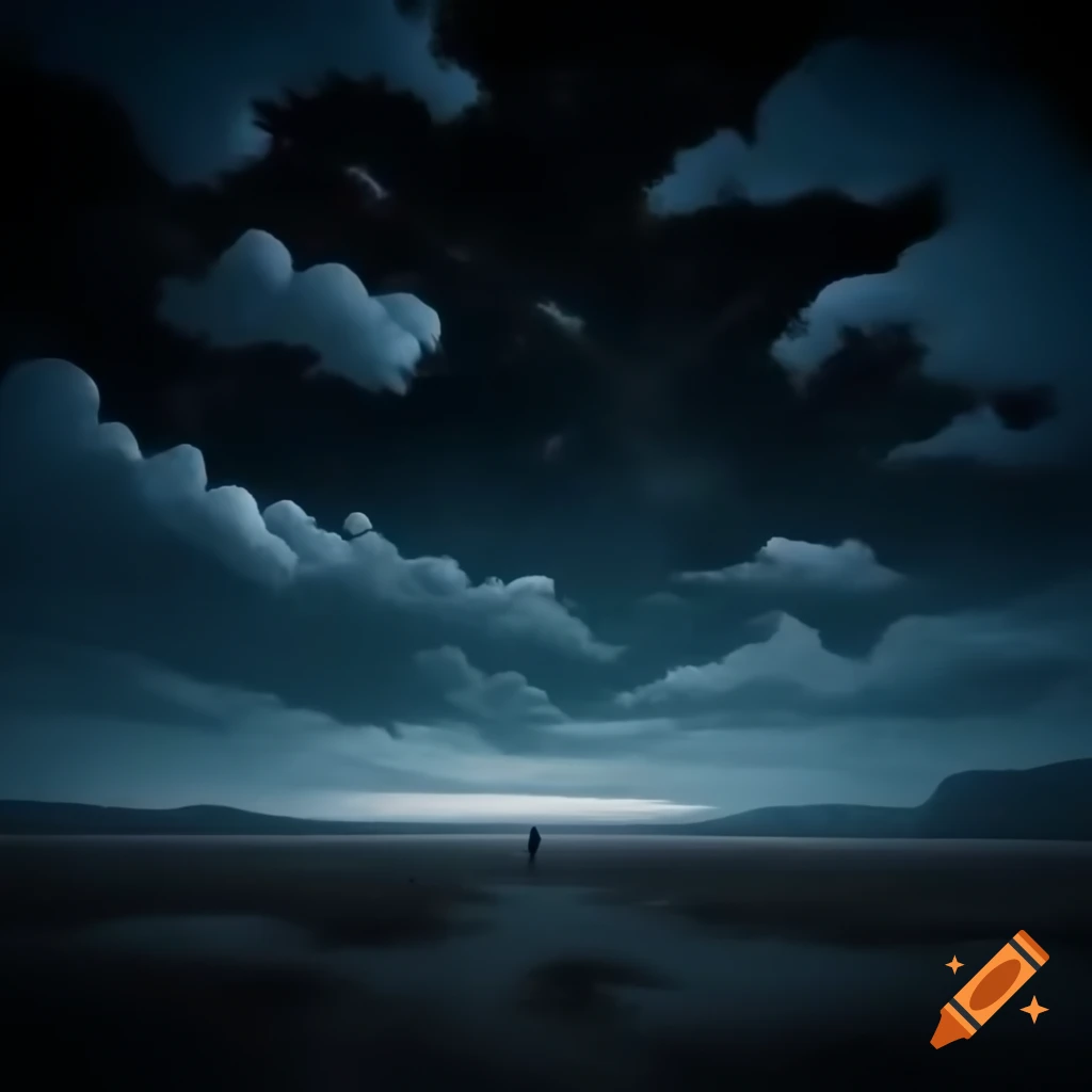 Desolate landscape at night with black clouds, few stars, and a lonely figure
