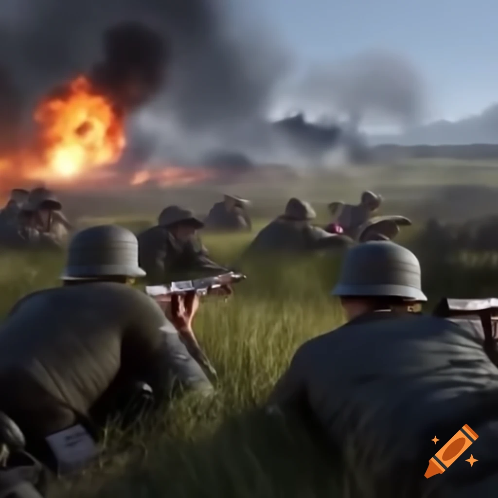 Futuristic war scene with soldiers in trenches firing guns
