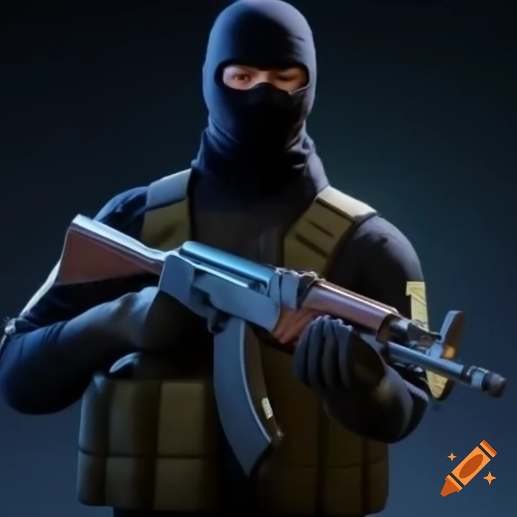 Bandit in adidas tracksuit and balaclava holding AK-47 in a video game setting
