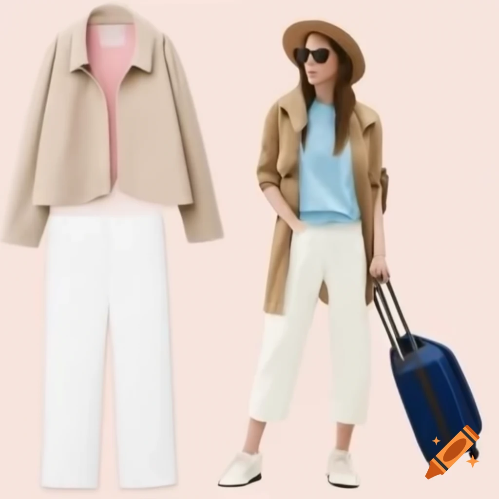 Airport outfit suggestions featuring beige or white trousers with pastel colored shoes