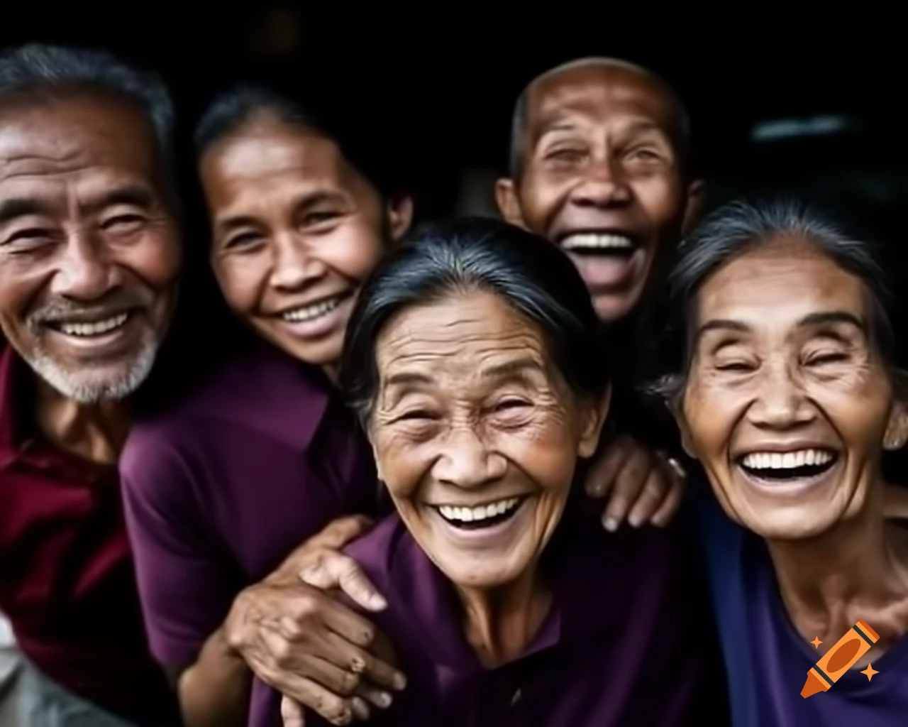 Three smiling Malaysian elders enjoying each other's company