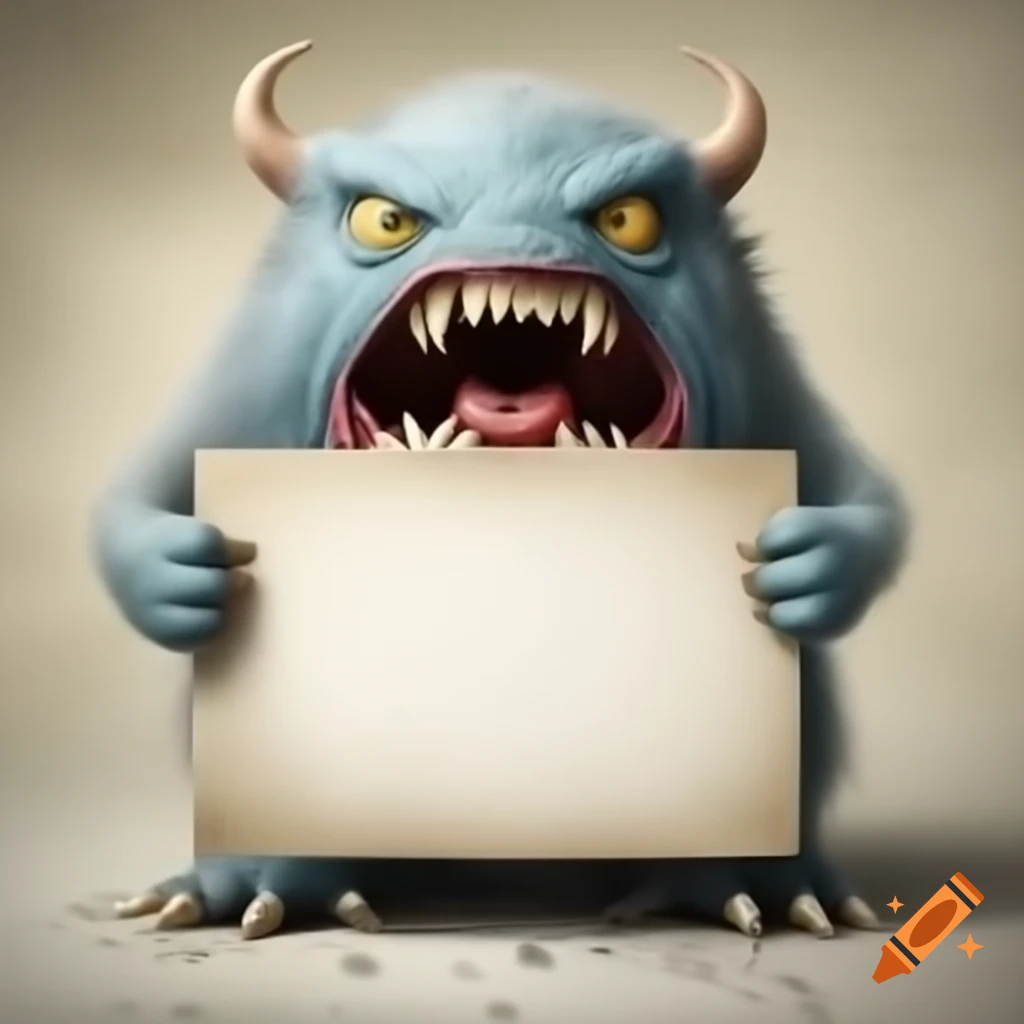 Roaring monster holding small white sign