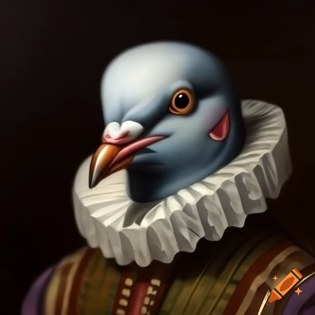 Oil painting of pigeon in 1700s era clothing and Elizabethan collar