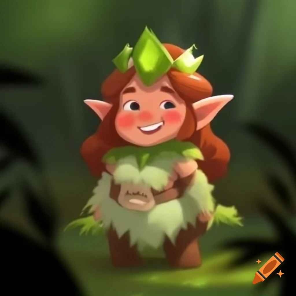 Muscular elf druid woman with greenery crown, laughing with a knowing wink