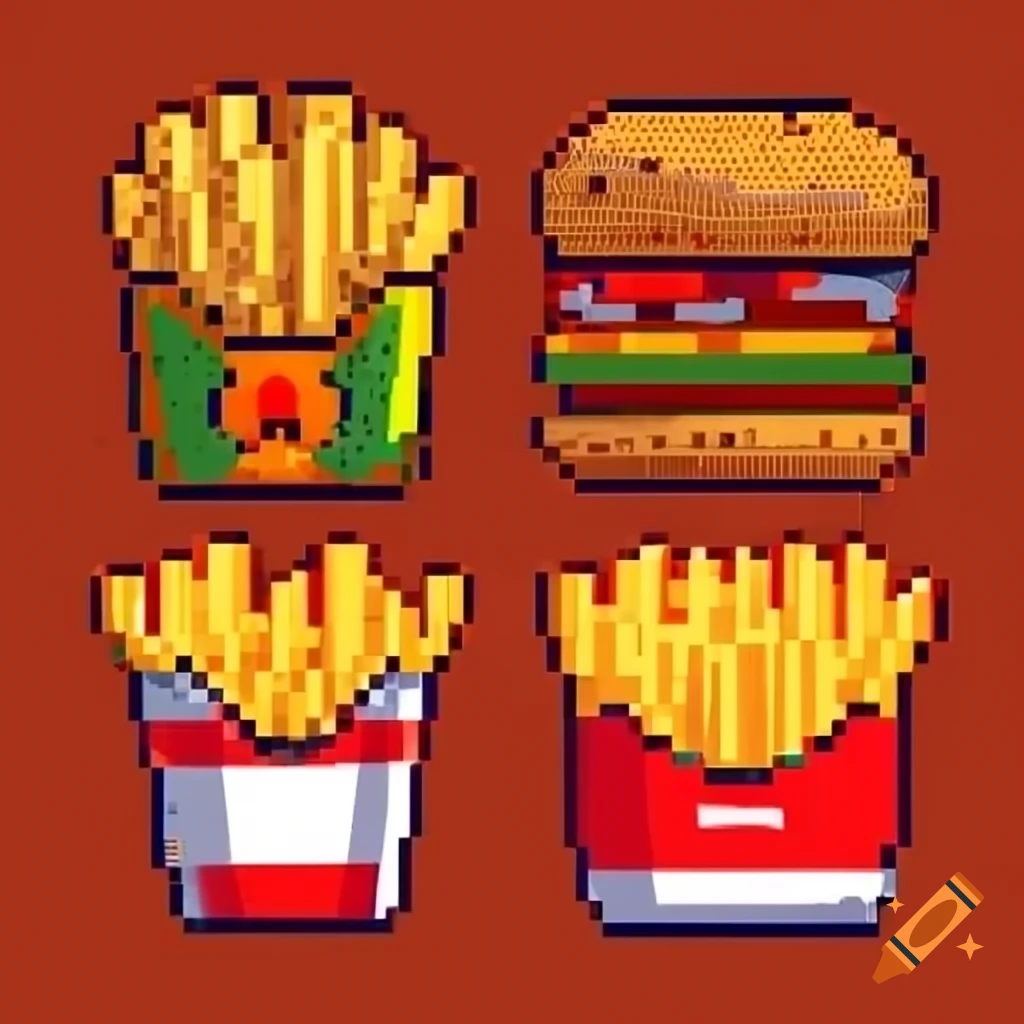 Pixelated 8-bit kebab and crispy french fries in retro style