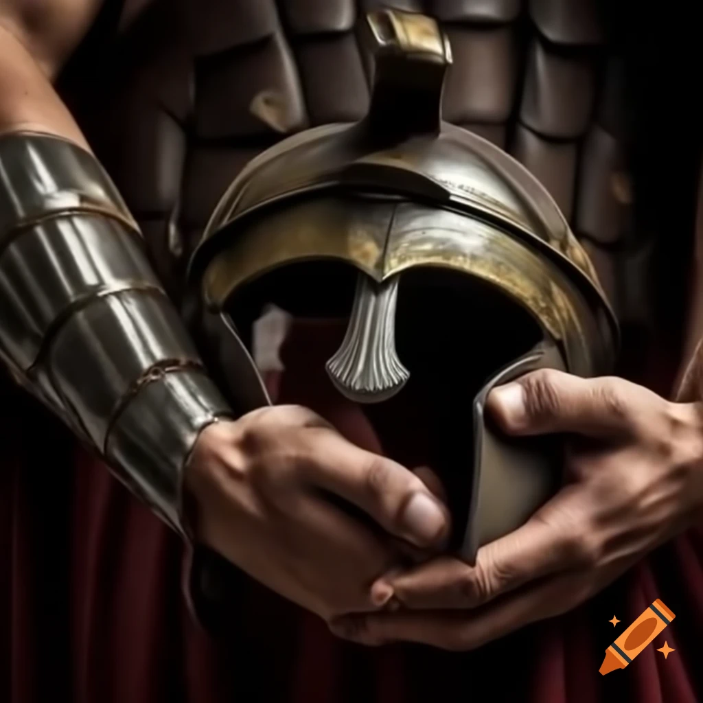 Roman gladiator holding broken helmet