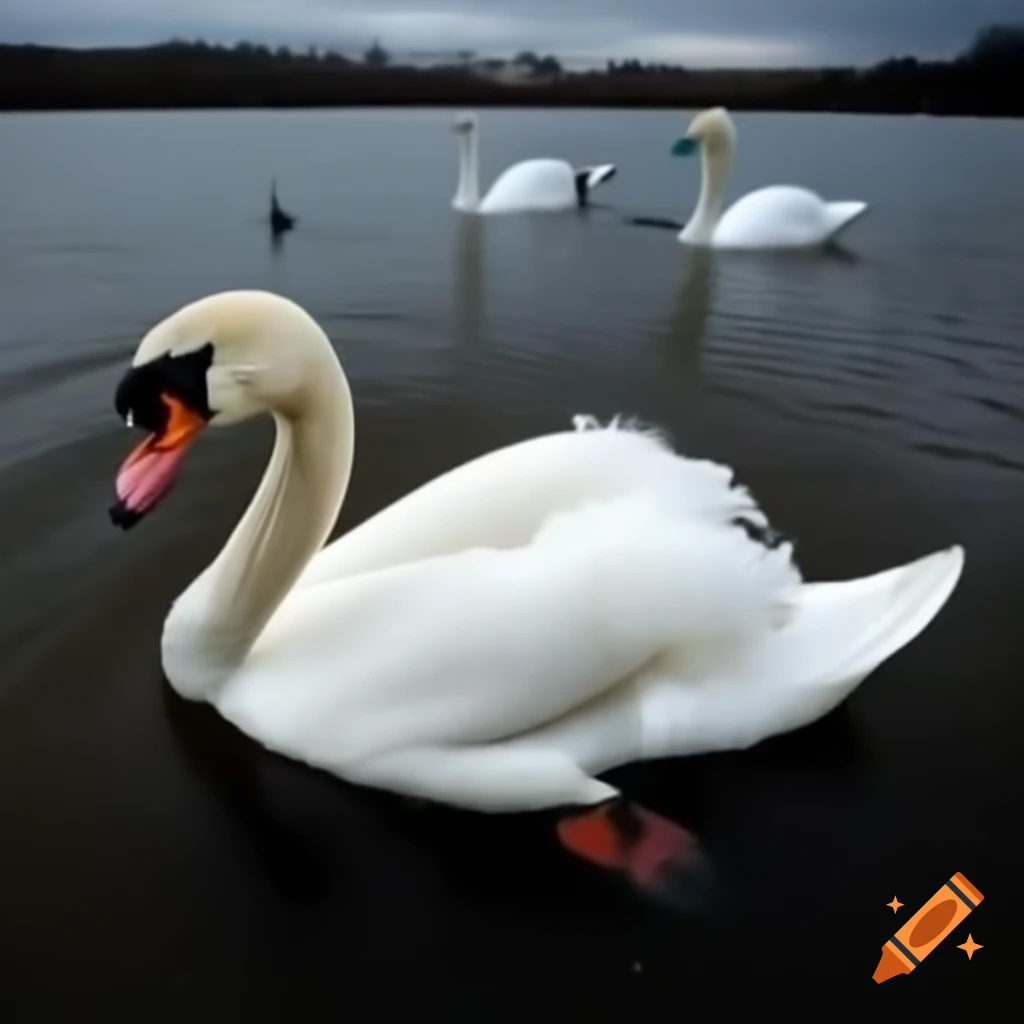 White swan among black swans swimming on a cloudy day