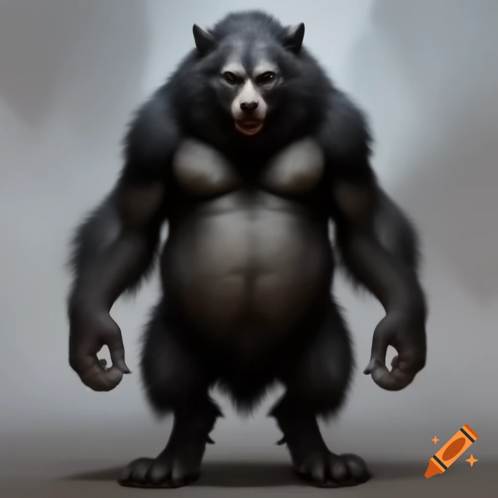 Overweight werewolf standing on hind legs with black and grey fur
