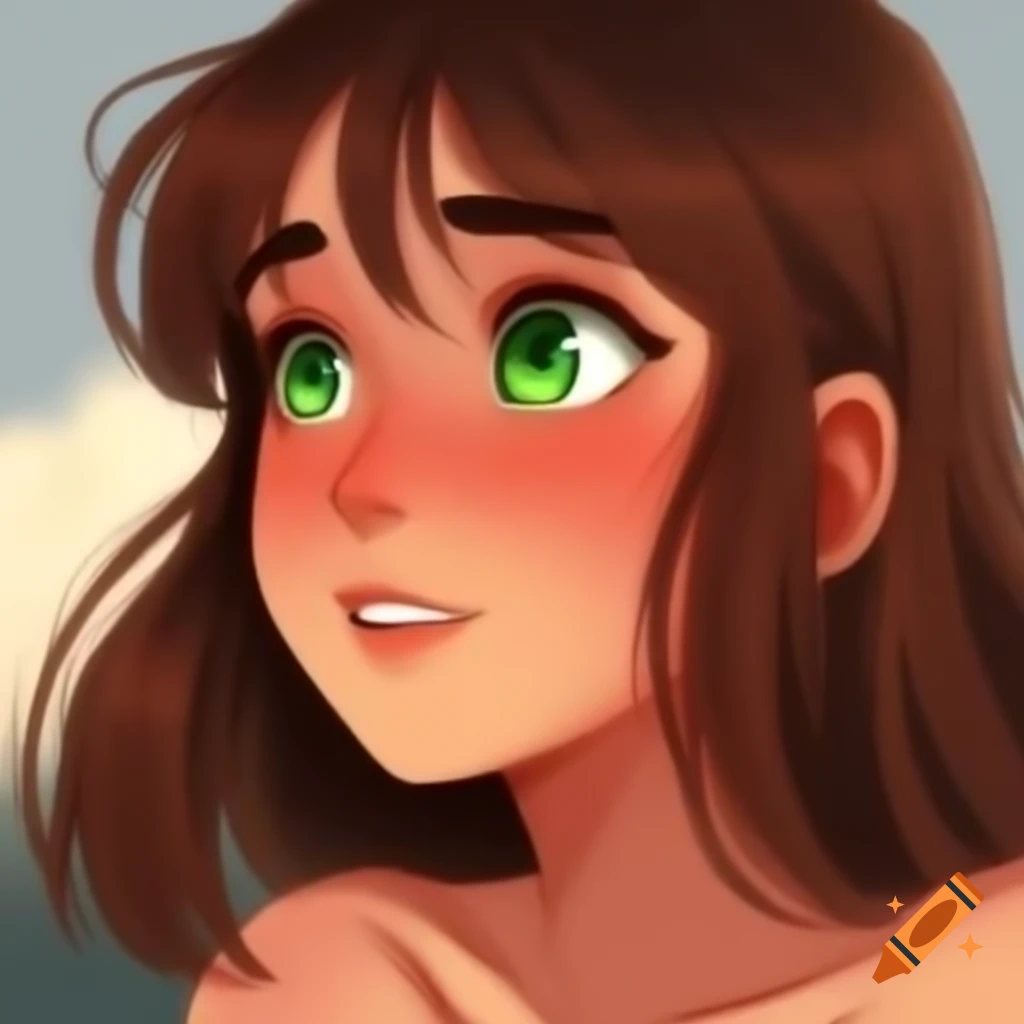 Anime character woman with brown medium hair and green eyes