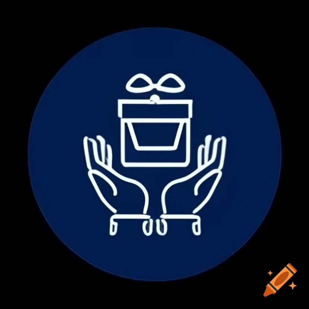 Helping hands presenting gifts in front of charity logo, zenith view