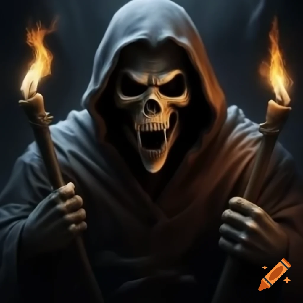 Grim reaper holding two lightning bolts