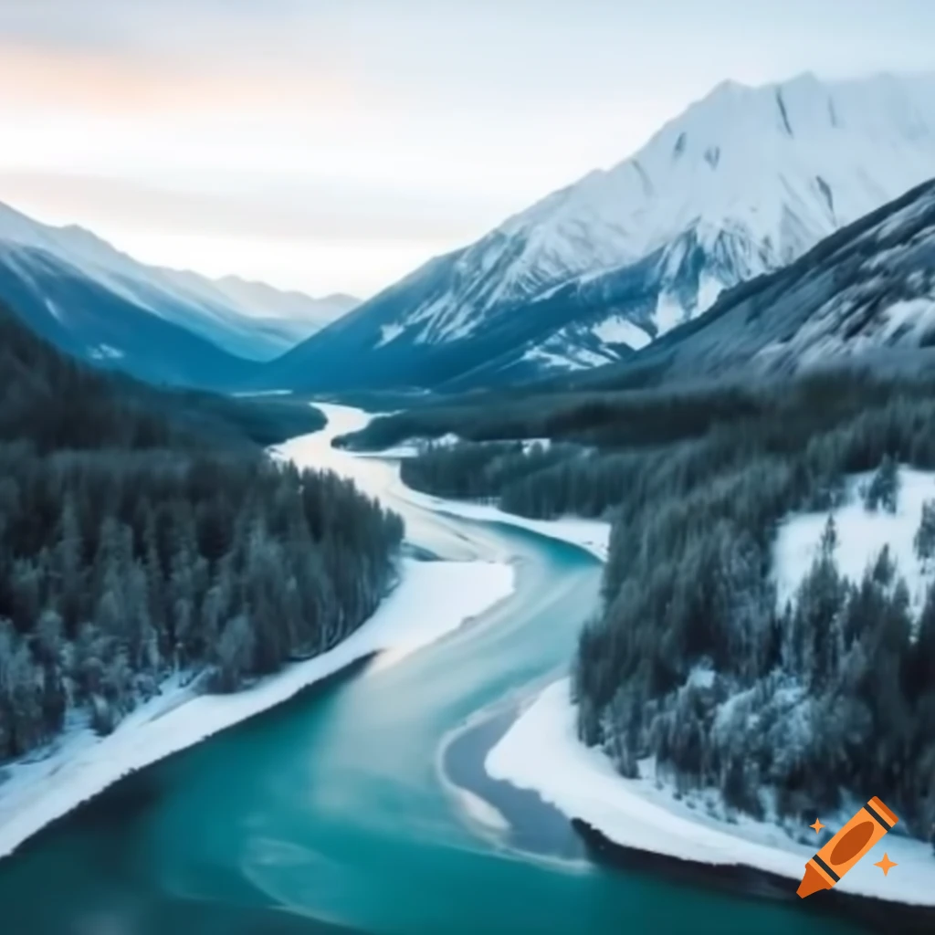 Forested river valley in South Island, New Zealand covered in snow