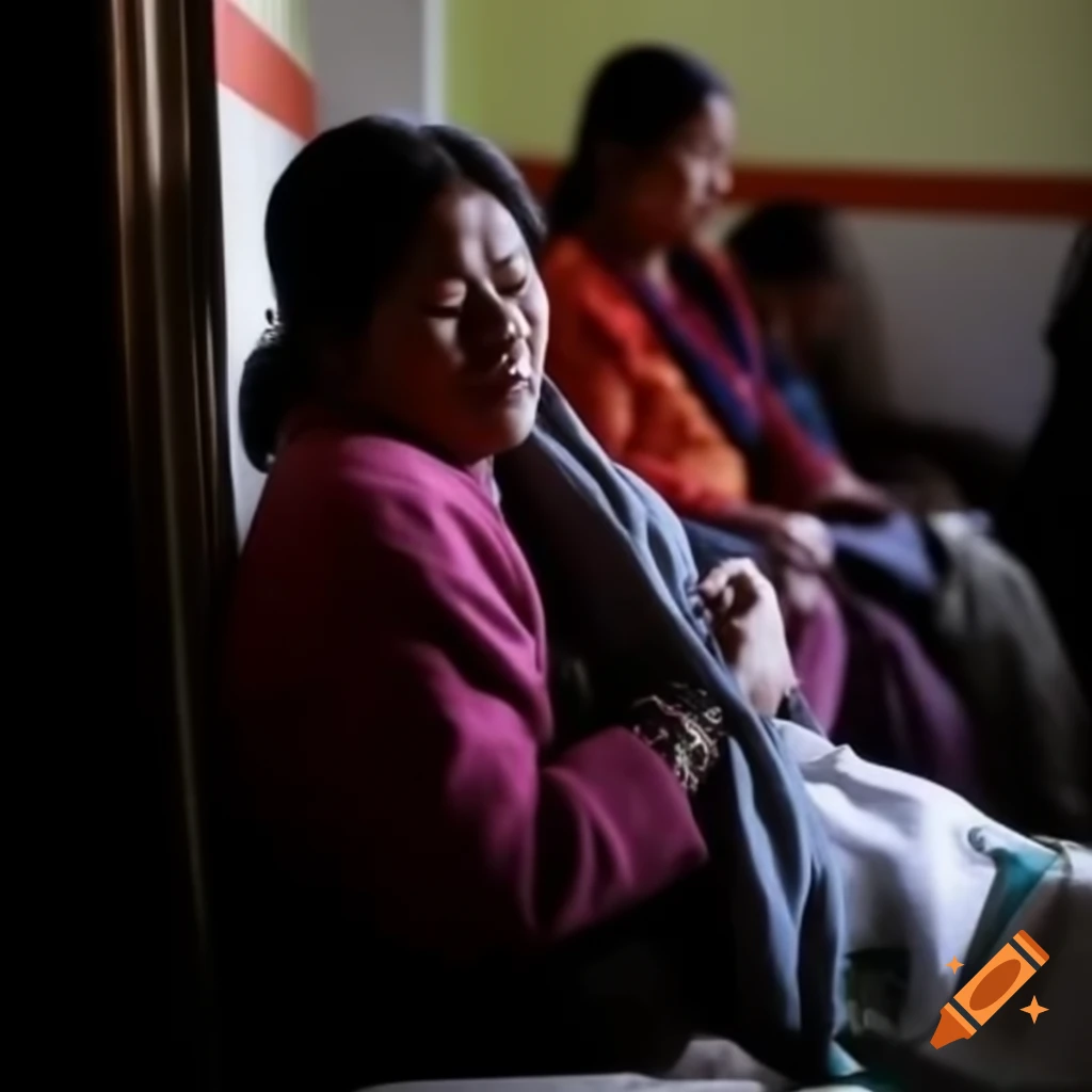 Nepali woman sitting on bench in hospital, in pain due to upper abdomen discomfort