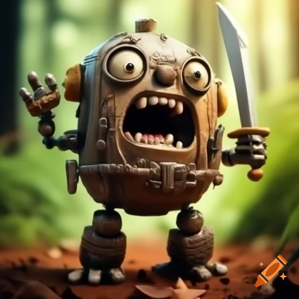 Old toy robot waving sword in detailed forest setting