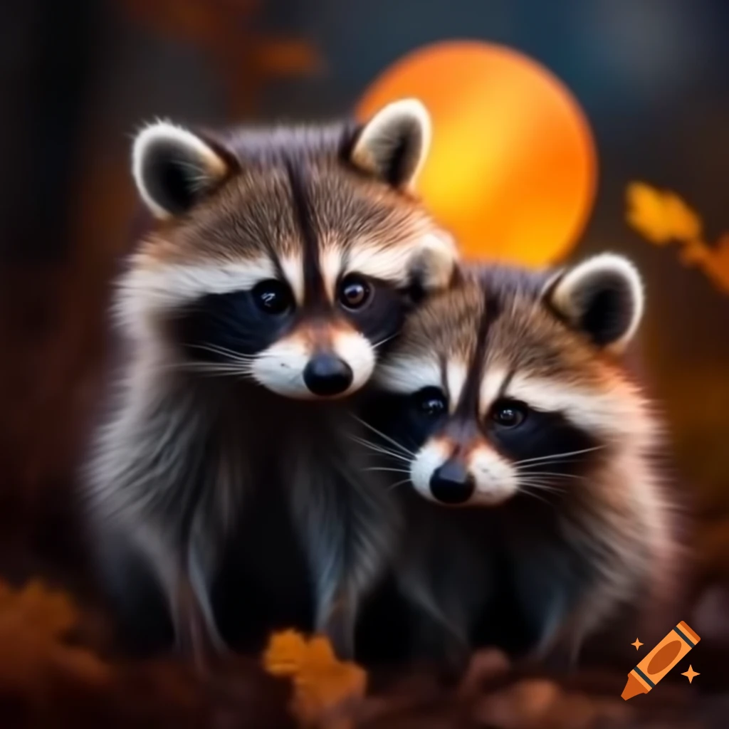 Two raccoons cuddling under orange harvest moon on autumn night