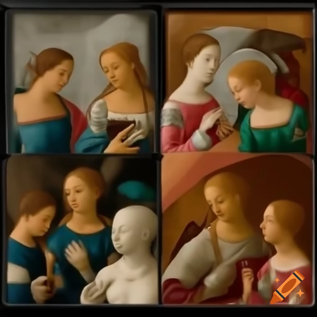 Renaissance style diptych showcasing plastic surgery before and after