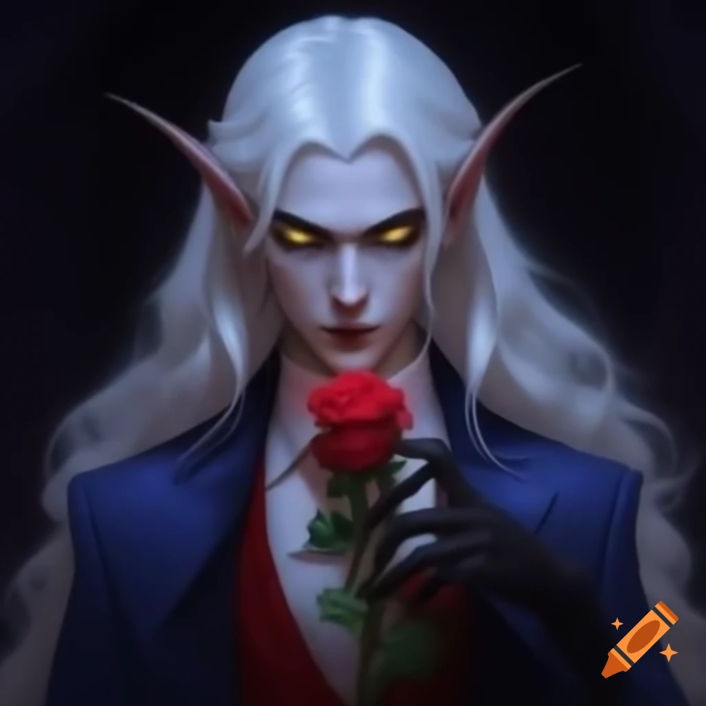 Handsome young vampire Prince in blue suit holding black rose