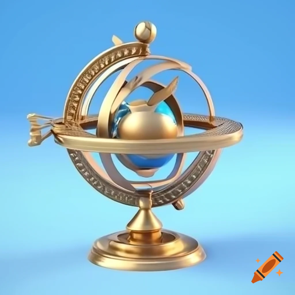 Brass magical compass resembling celestial globe on light blue background in high detail