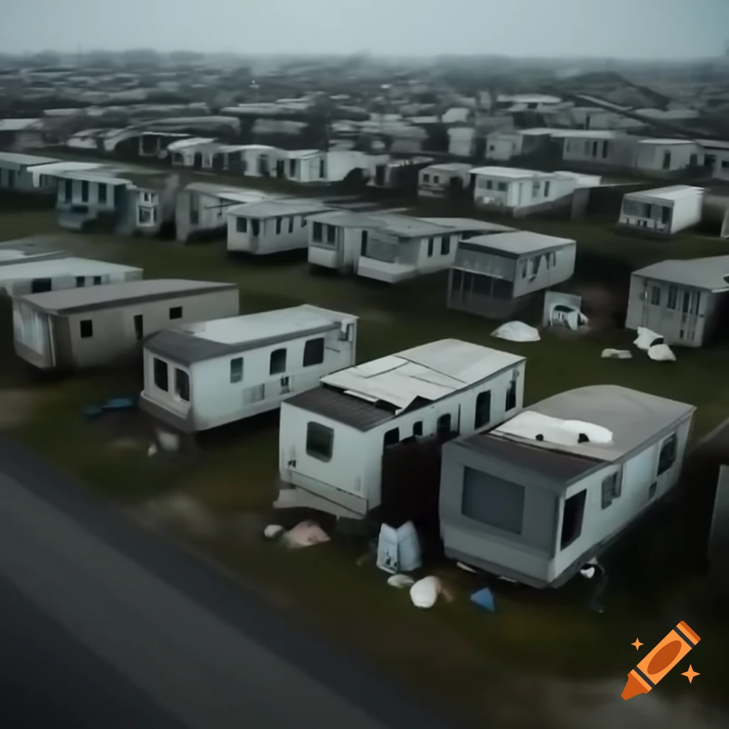 Aerial view of dilapidated mobile homes and trash in a dystopian neighborhood