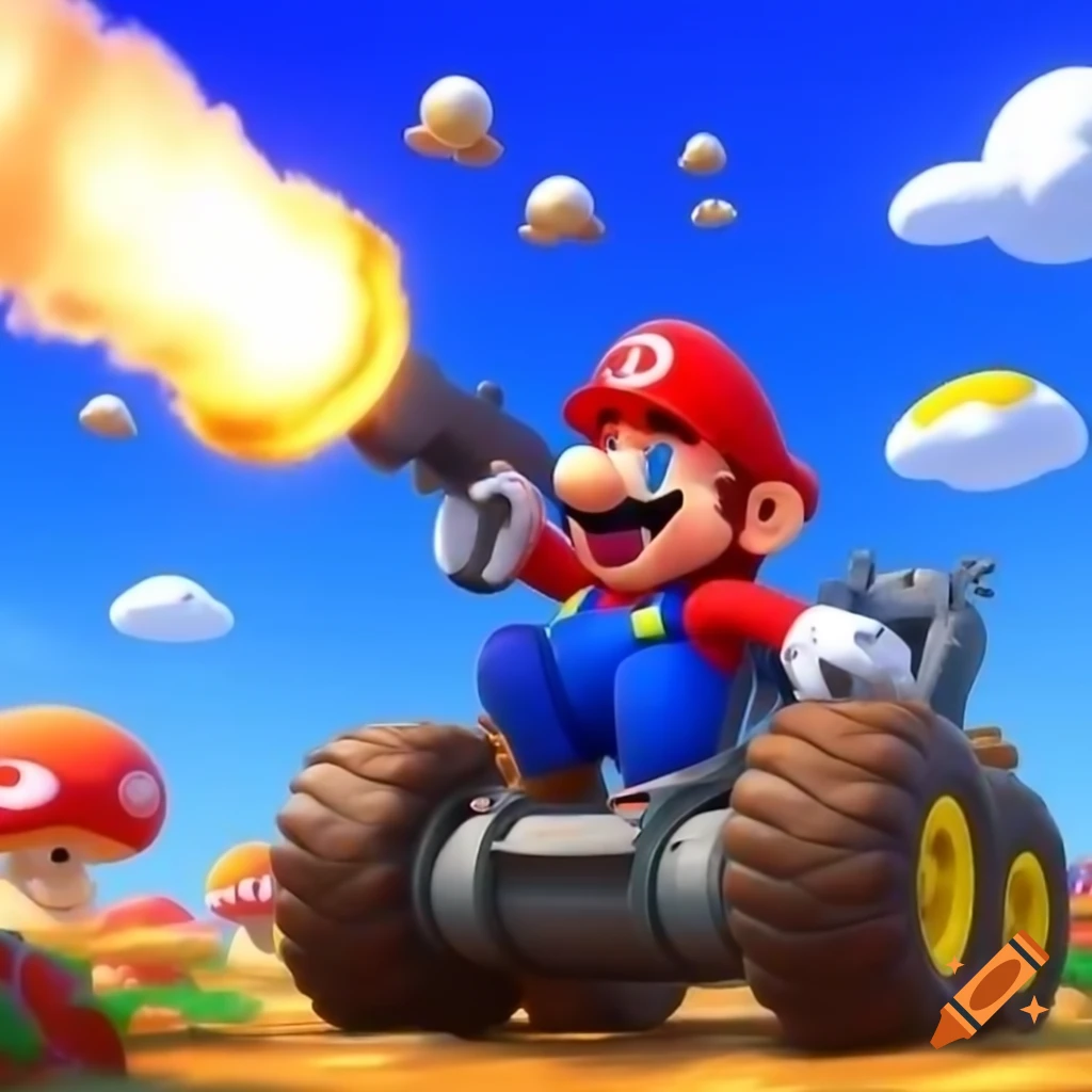 Super Mario firing a machine gun in Mushroom Kingdom