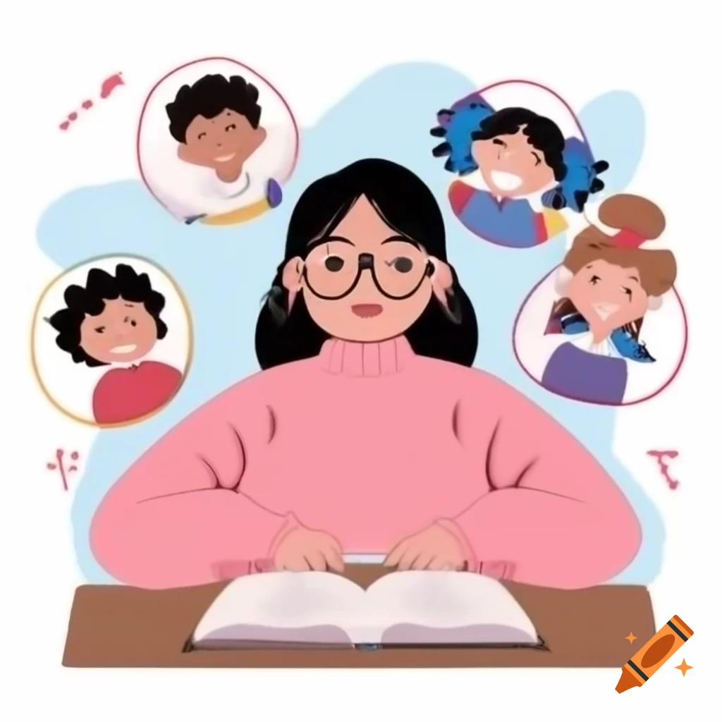 First grade teacher in pink sweater studying English with smiling students
