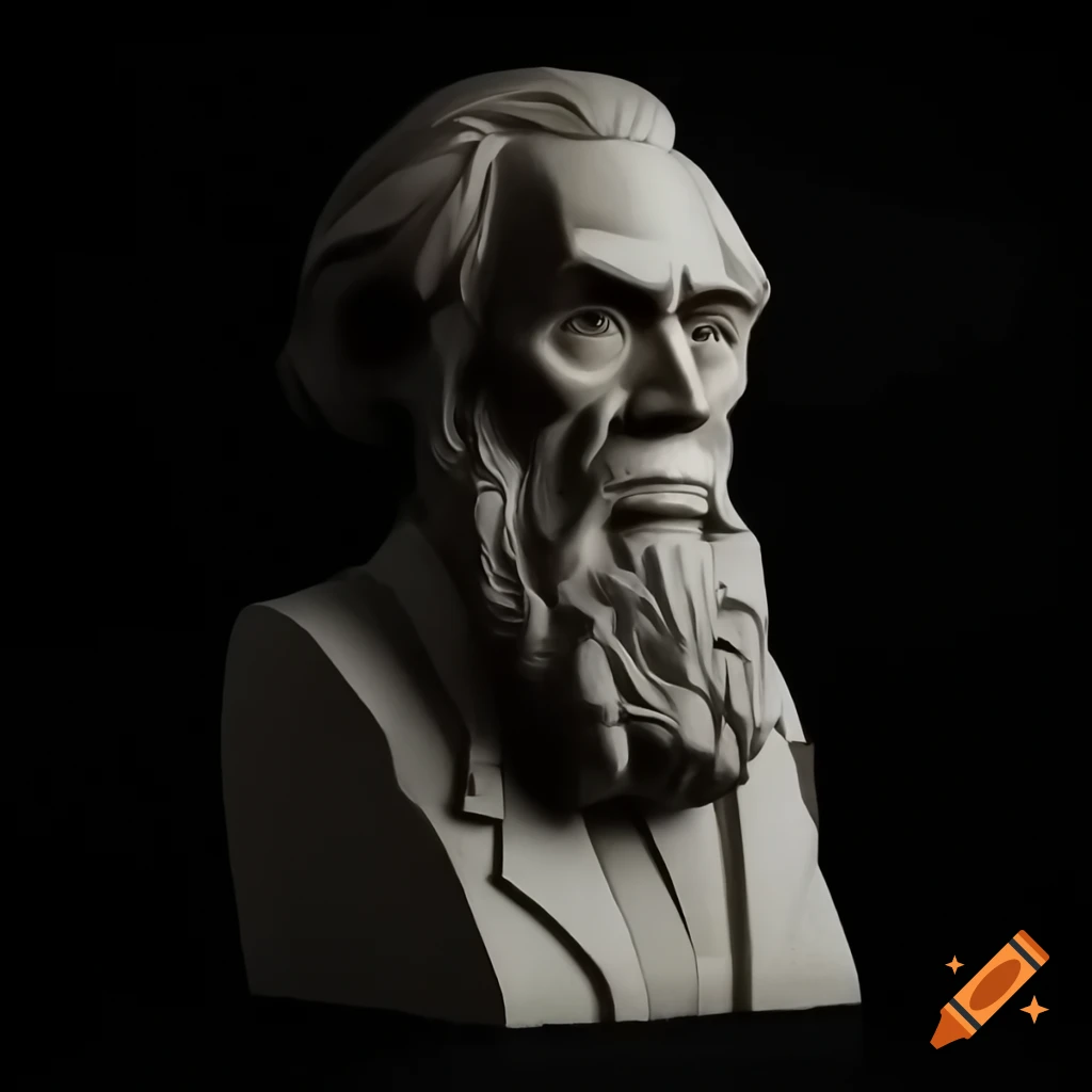 Nightmarish disappearing bust of Charles Darwin in Dali style painting