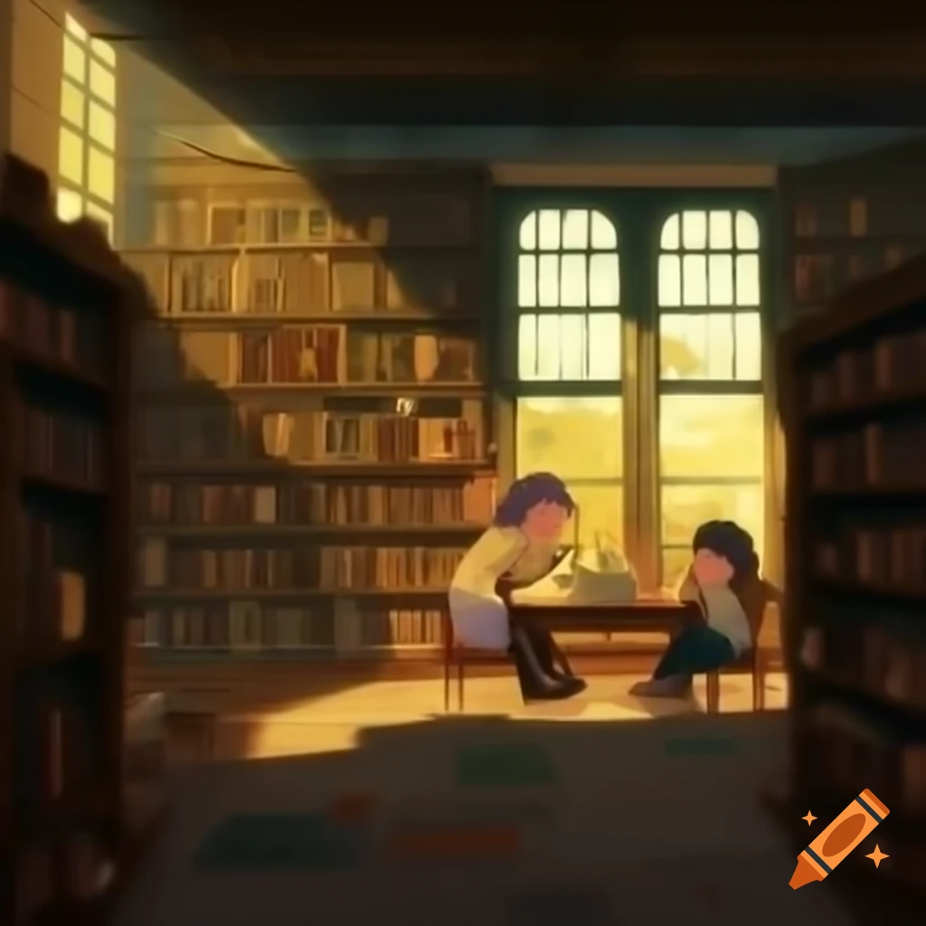 Cozy sunlit library with Mia and Leo examining an old map