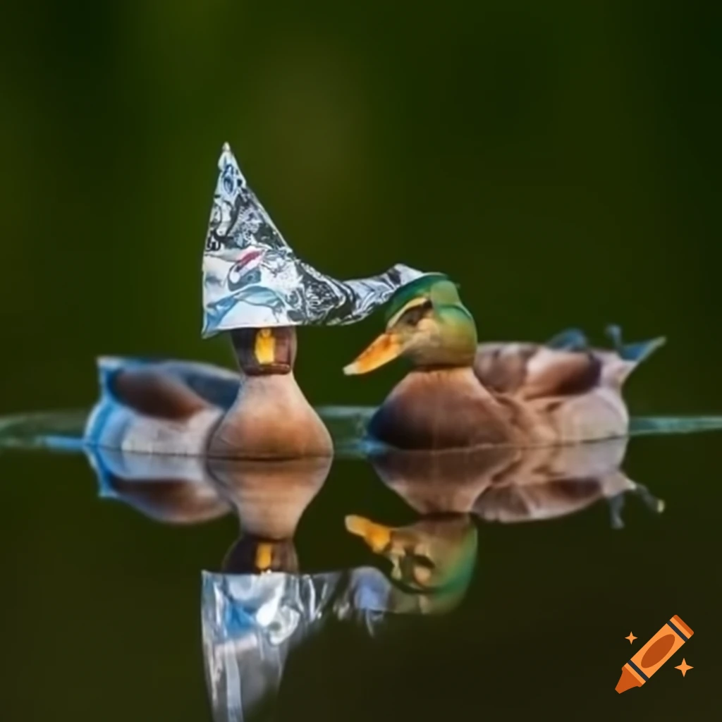 Skeptical duck wearing foil hat, squawking at unseen mystery in pond