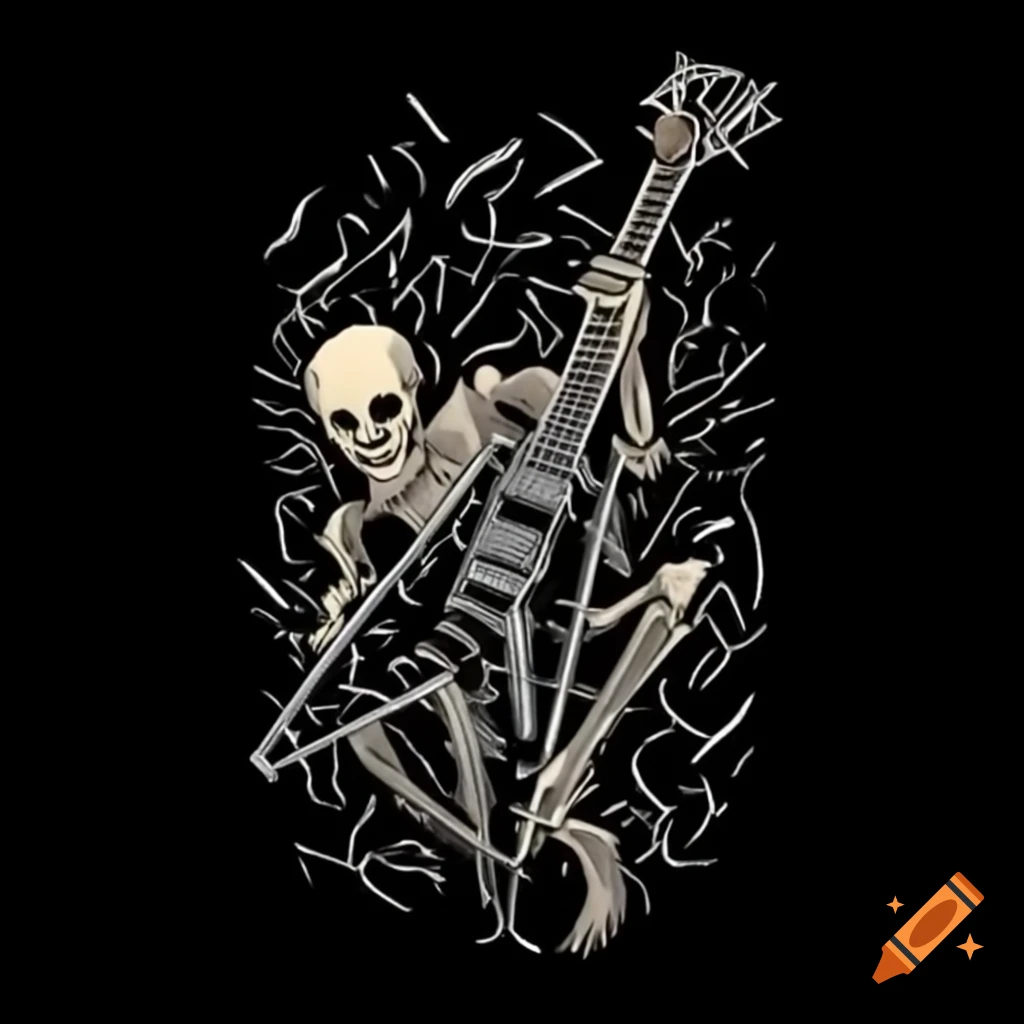 Skeletal figure playing Gibson Flying V guitar with intricate tattoo-like details