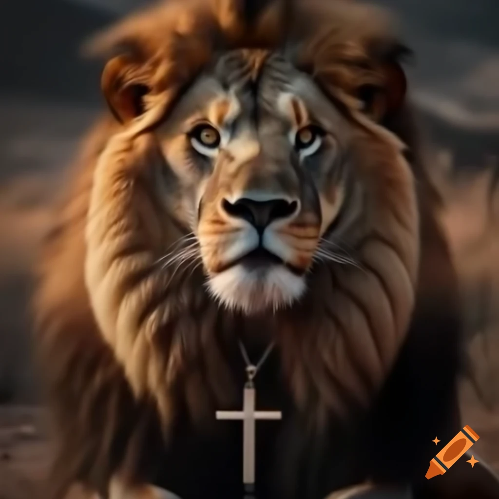 Lion wearing a necklace with a cross