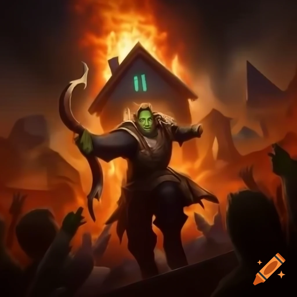 House engulfed in flames with World of Warcraft duck hunter in foreground