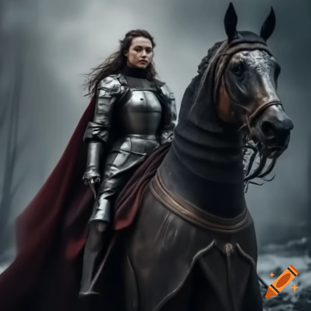 Realistic woman knight riding horse in winter scene, epic movie style