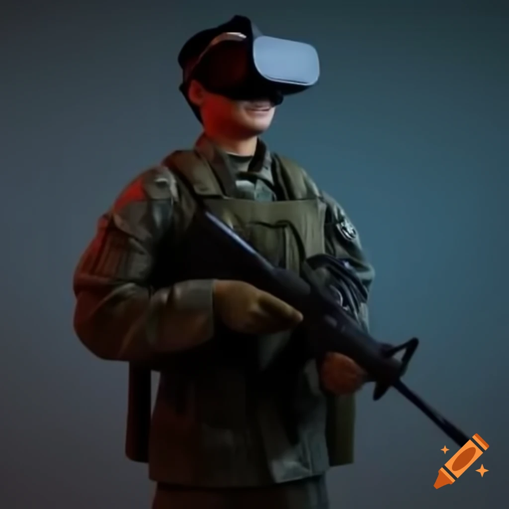 Korean soldier using VR device while practicing with rifle in drill