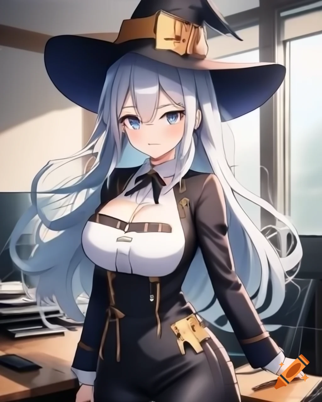 Confident witch in white uniform with silver hair, anime art style