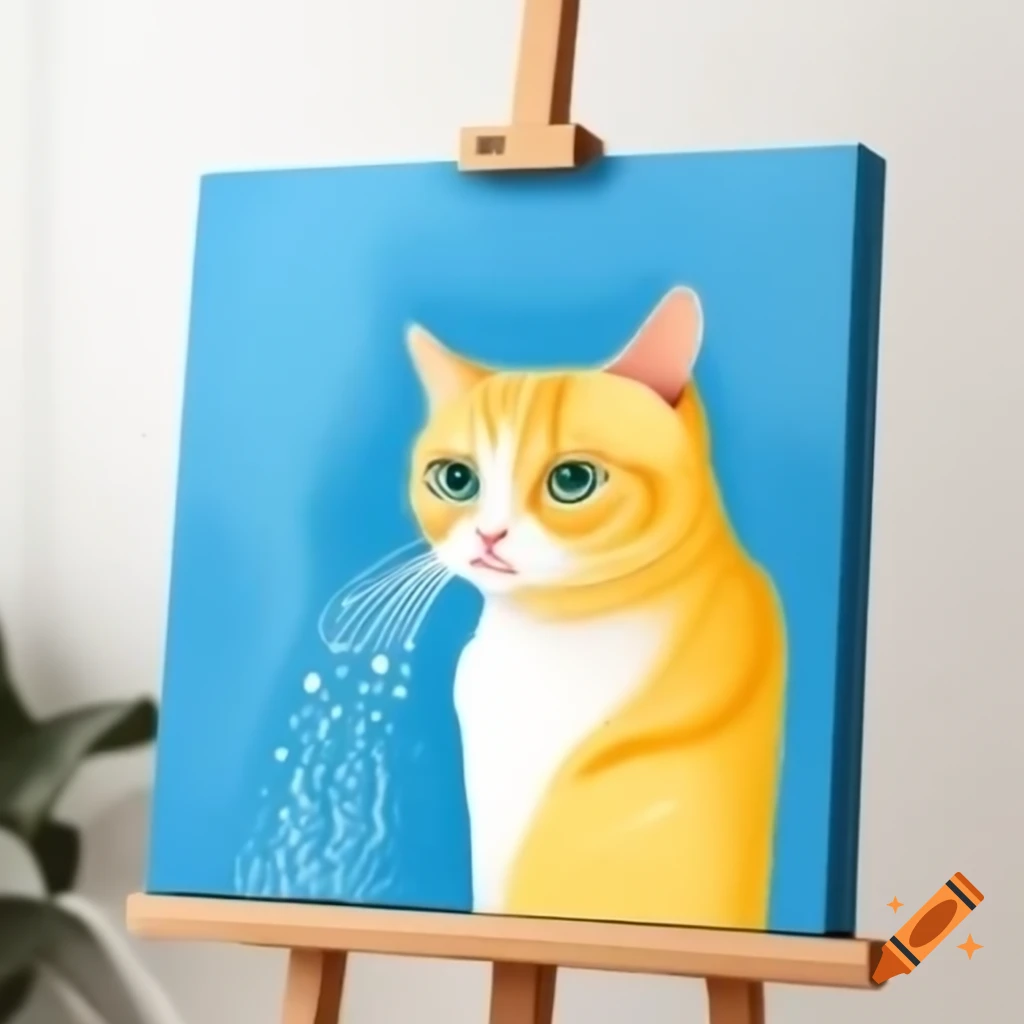 Close-up of yellow cat watercolor painting on easel
