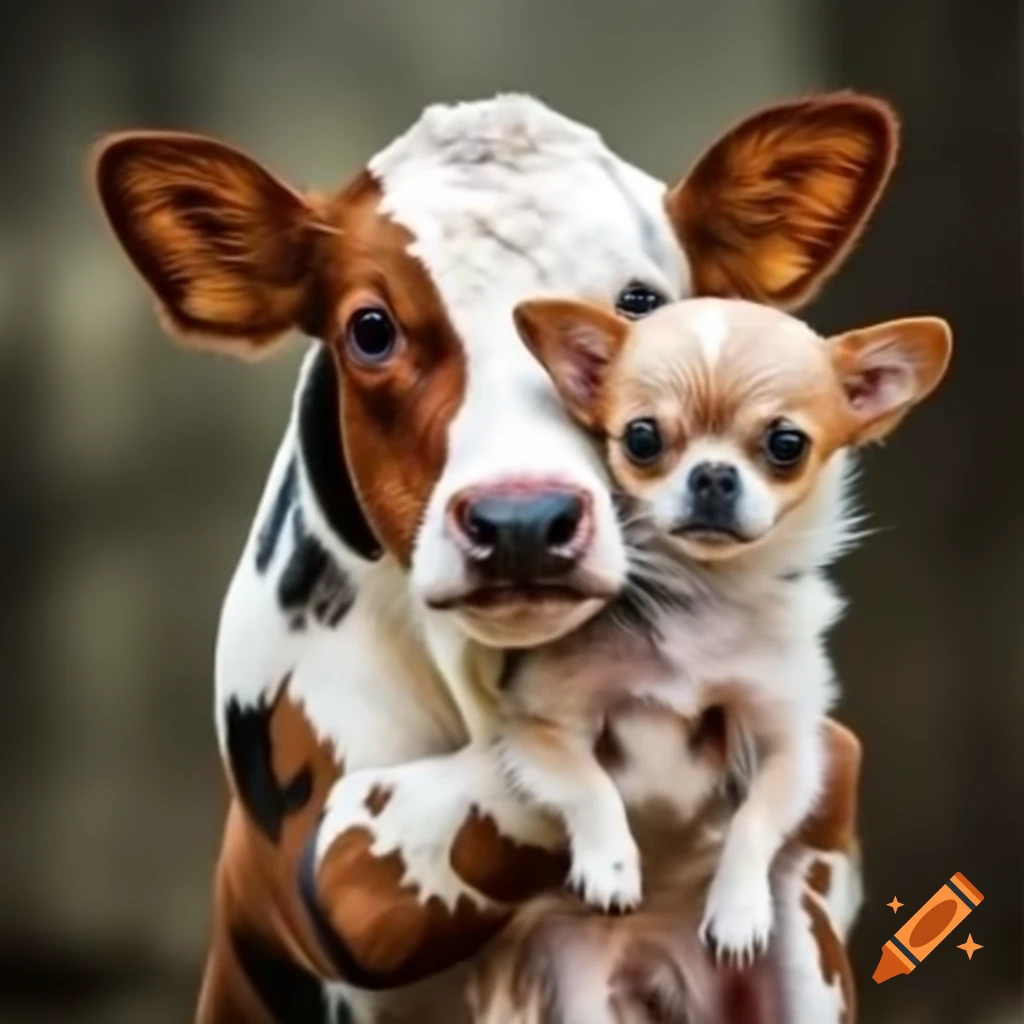Cow gently hugging a chihuahua