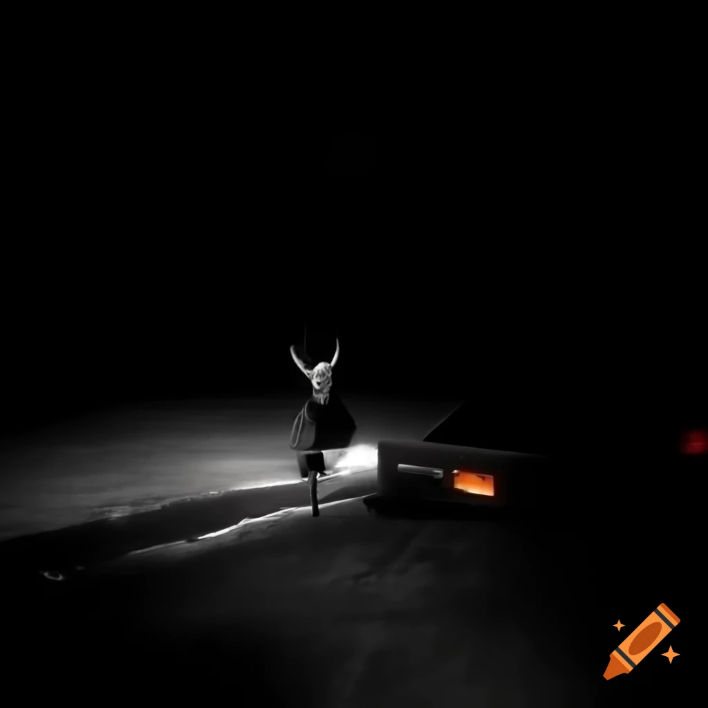 Bipedal deer standing in dark, cramped highway with headlights in background