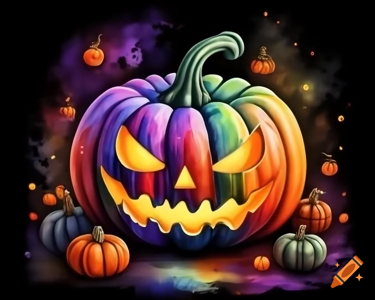 Watercolor Halloween pumpkin in vibrant rainbow shades, storybook style