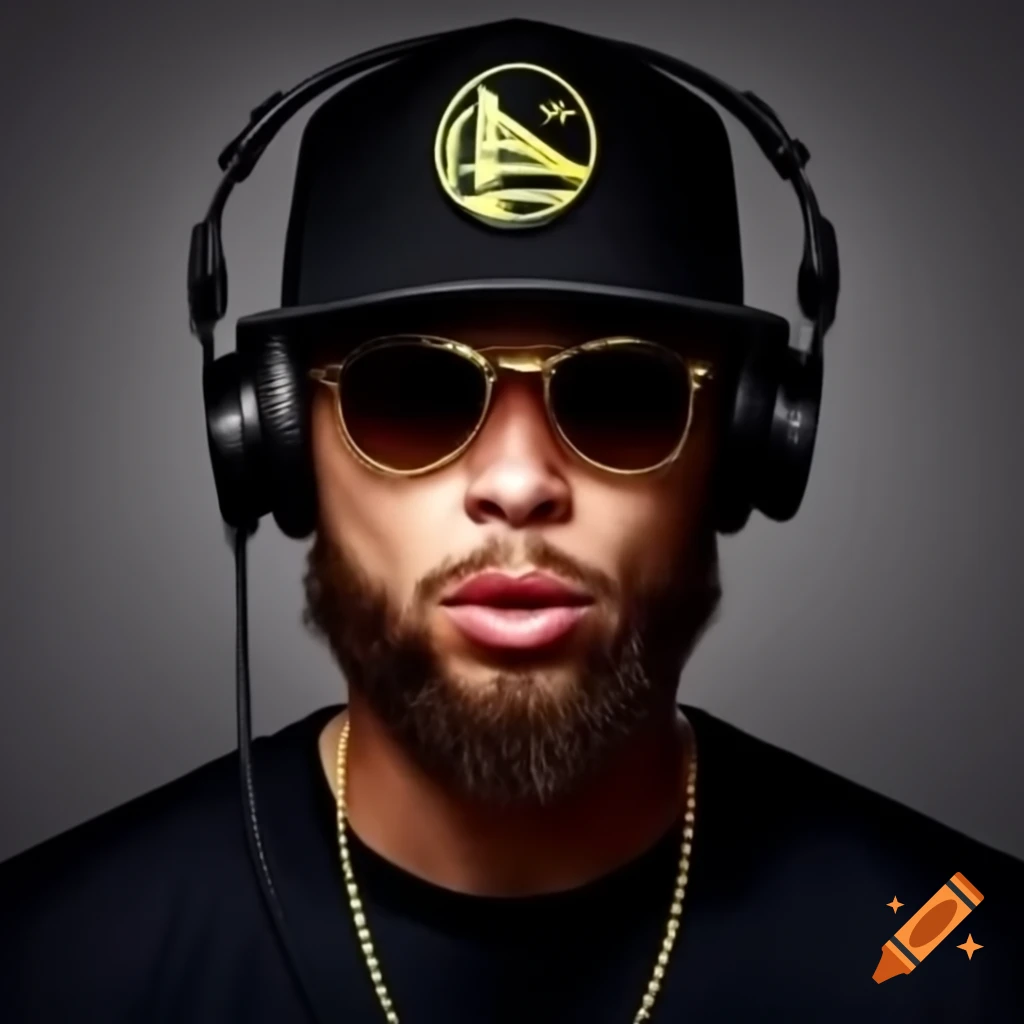 Stephen Curry recording a video podcast in casual attire with headphones and sunglasses