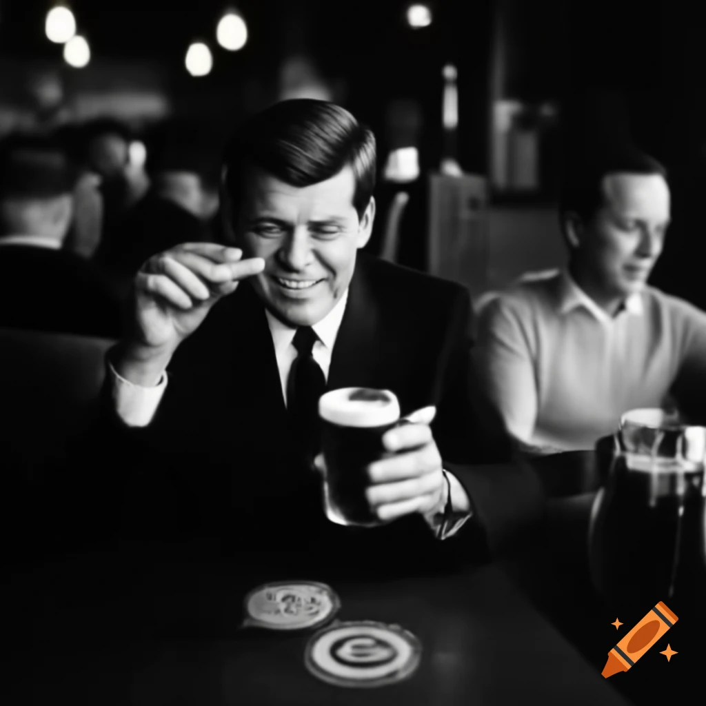 Historical scene of JFK socializing with Lee Harvey Oswald over drinks