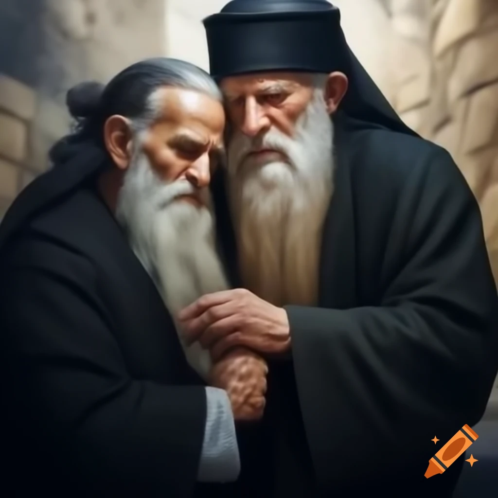 Elderly prophet anointing tall handsome man in ancient Israel setting