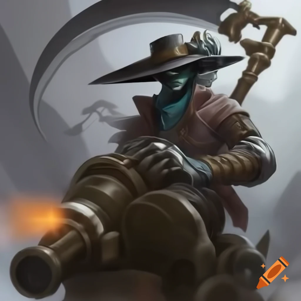 Futuristic steampunk character with cannon arm and scythe in battle