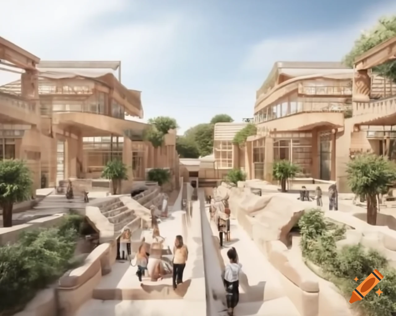 21st century streetscape blending Mayan architecture with eco-friendly urban planning