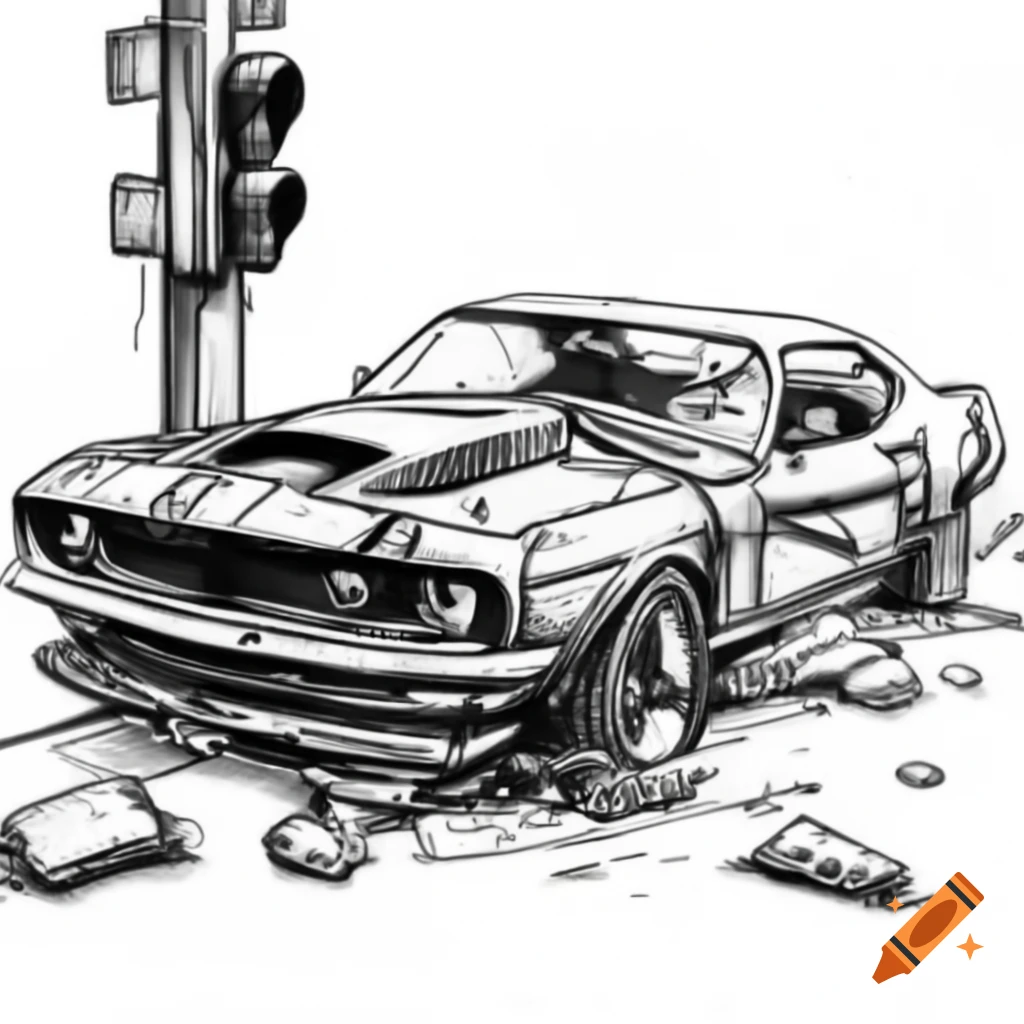 Sketch of muscle car accident involving light pole