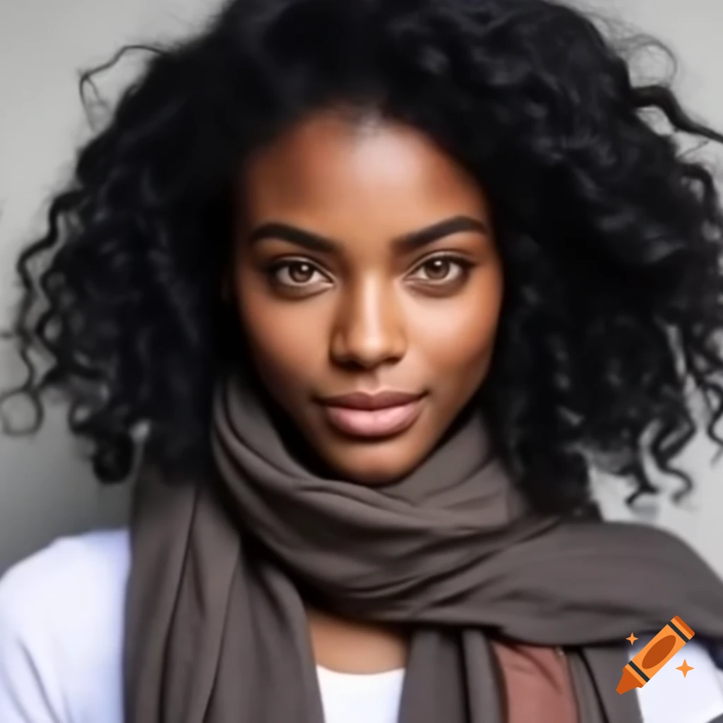 Smiling black woman with curly hair and amber eyes in t-shirt and scarf
