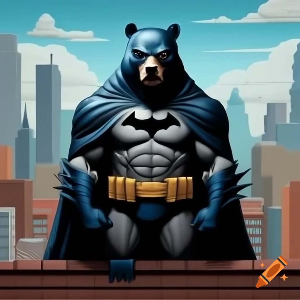 Black bear dressed as Batman on rooftop