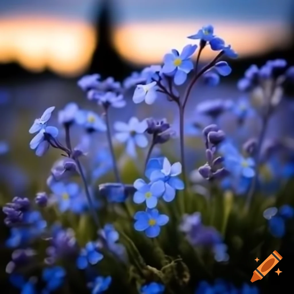Close-up of sky blue delicate forget-me-not flowers at dusk