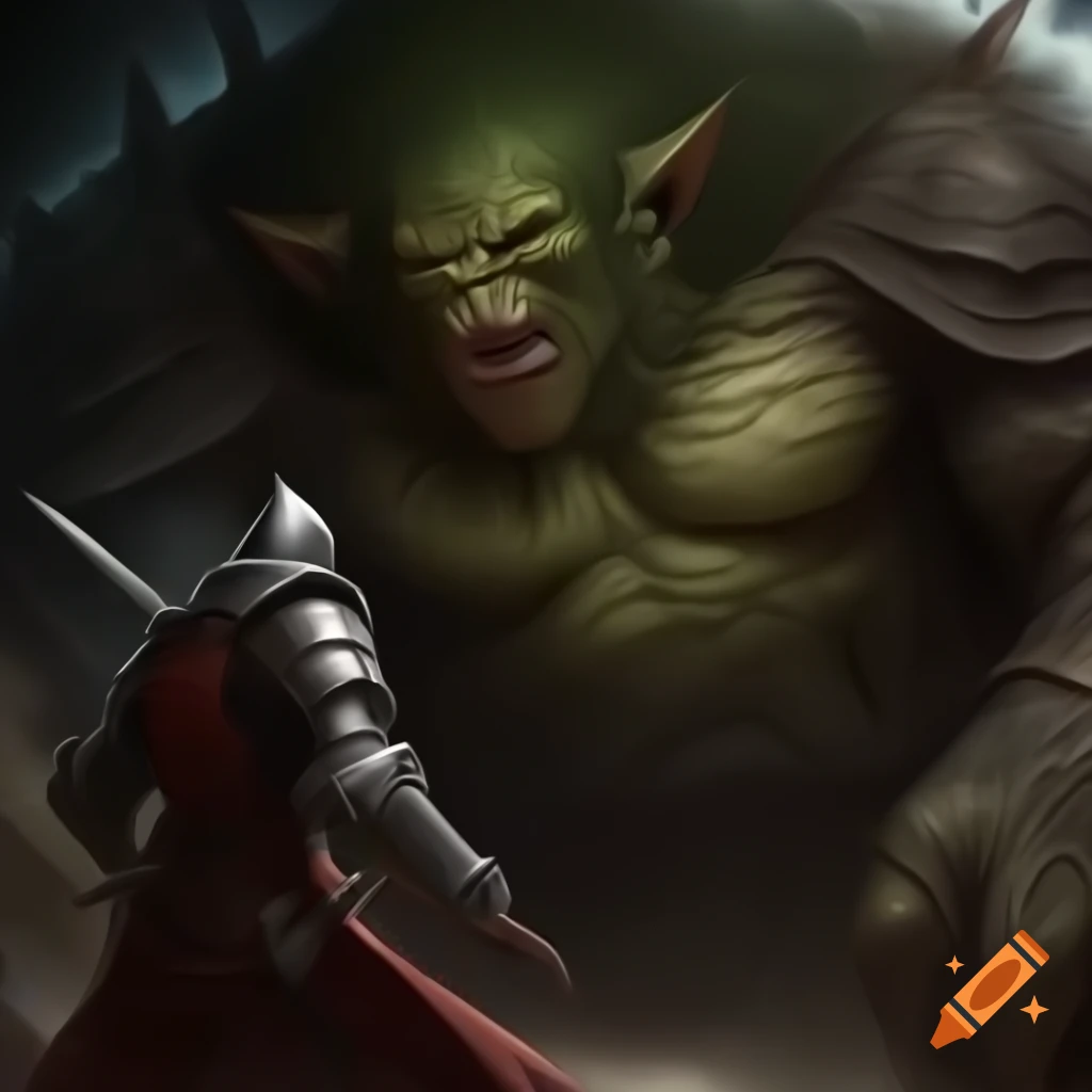 Knight in dark robe battling large orc-like monster