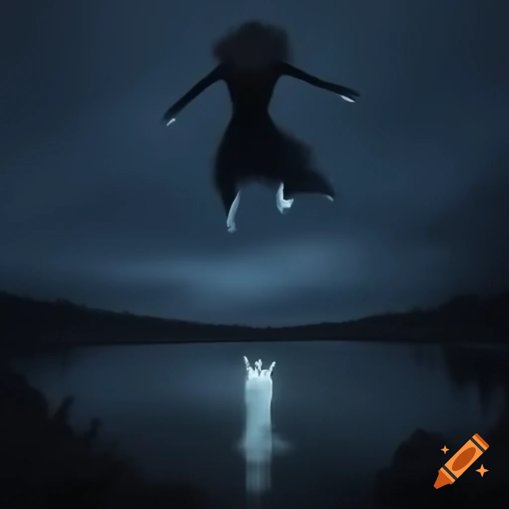 Mysterious dark figure levitating over lake at dusk
