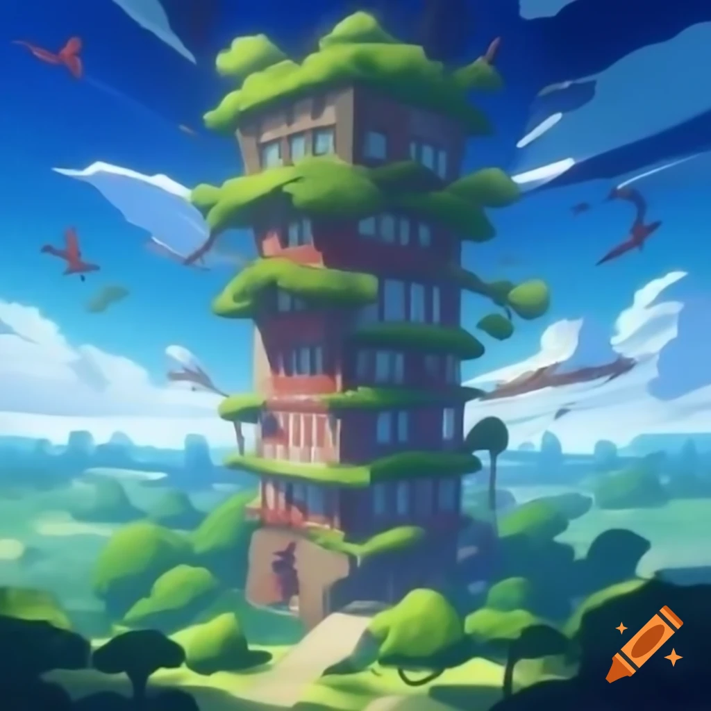 Skyscraper with red and blue windows surrounded by trees and birds under sunlight